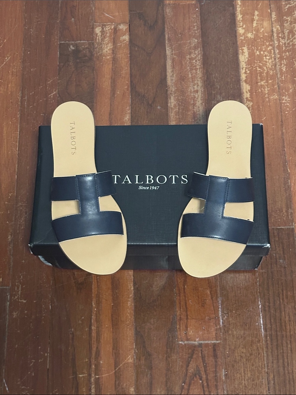 NET. Talbots Hannah Navy Leather Slide Sandals